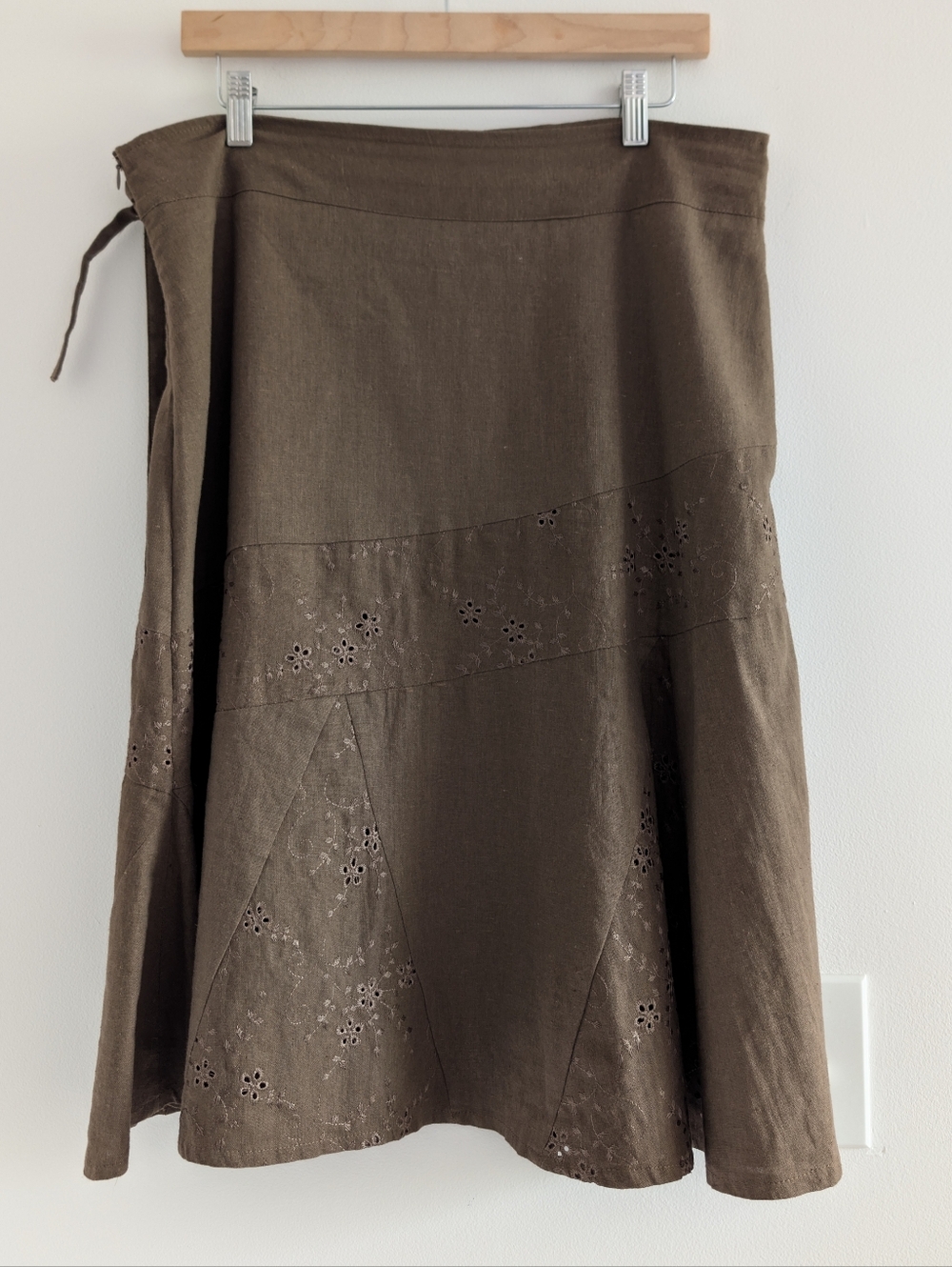 Linen Brown Eyelet Panel Wrap Skirt